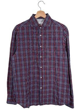 Brunello Cucinelli Classic Slim Fit Plaid Button Up Shirt Red / Navy mens size L